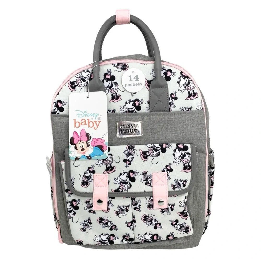 Disney Mickey Mouse 14 Pocket Multi-piece Backpack Diaper Bag Pink Gray NWT